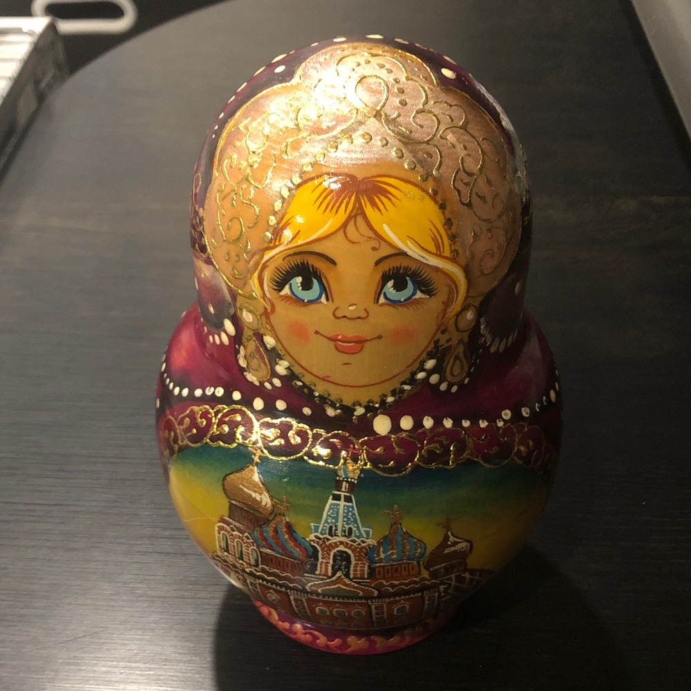 Hand-Painted Russian Matryoshka Doll in Purple and Gold